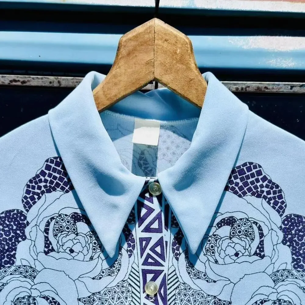 70s blue & purple psychedelic rose woven poly jacket w/ dagger collar
